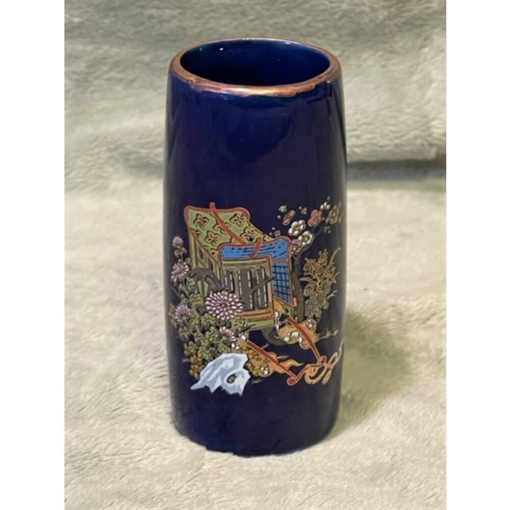 Vintage Japanese Cobalt Blue Lotus Flower Cart 3 3/8" Mini Vase w/Gold Accents